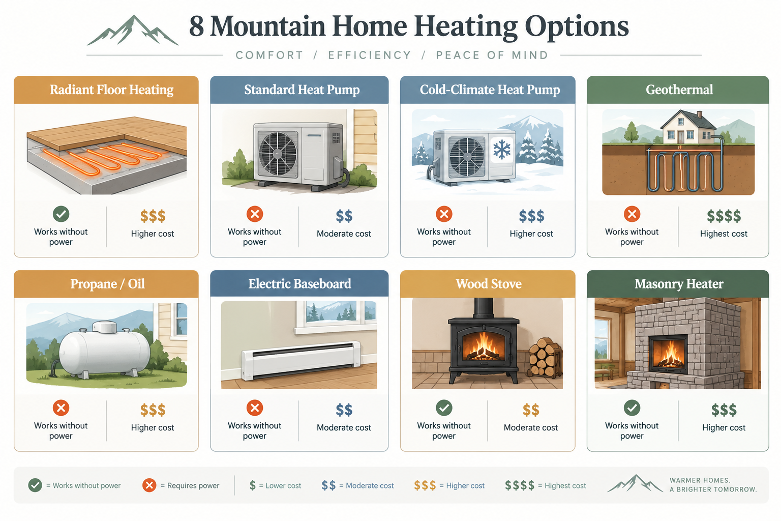 Comparison chart of the best ways to heat a mountain home, including radiant floor heat, heat pumps, geothermal, propane, and masonry heaters