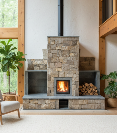 Soapstone heater with dry-stacked stone veneer