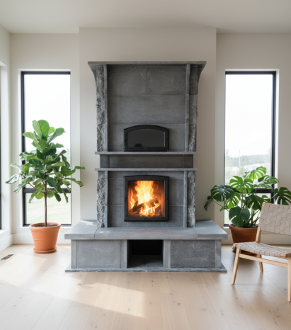 Soapstone masonry heater with split-faced edge and custom metal band