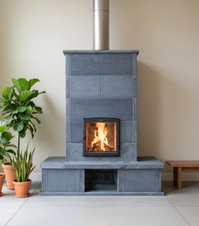Soapstone masonry heater with tunnel firebox and three-sided heated bench