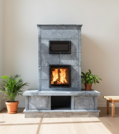 Soapstone masonry heater with oversized heated bench