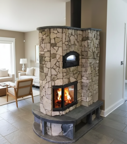 Soapstone masonry heater with bake oven and river rock veneer