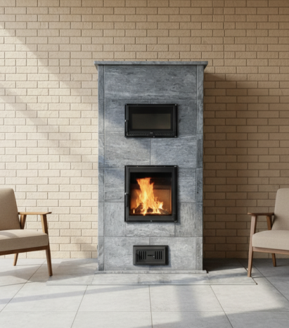 Soapstone masonry heater with tile wrap and front oven